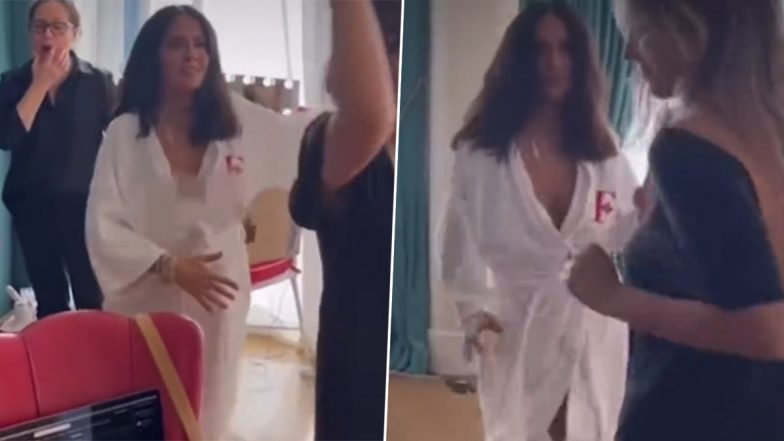 Salma Hayek Suffers Wardrobe Malfunction While Dancing In Bathrobe In Celebration Watch Video