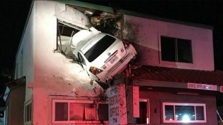 Car Flies 60 Feet In Air Before Crashing Into a Building in California