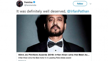 Filmfare Awards 2018: Femina Wrongly Tags Irfan Pathan Instead of Irfan Khan; Pathan's Tweets a Cheeky Reply