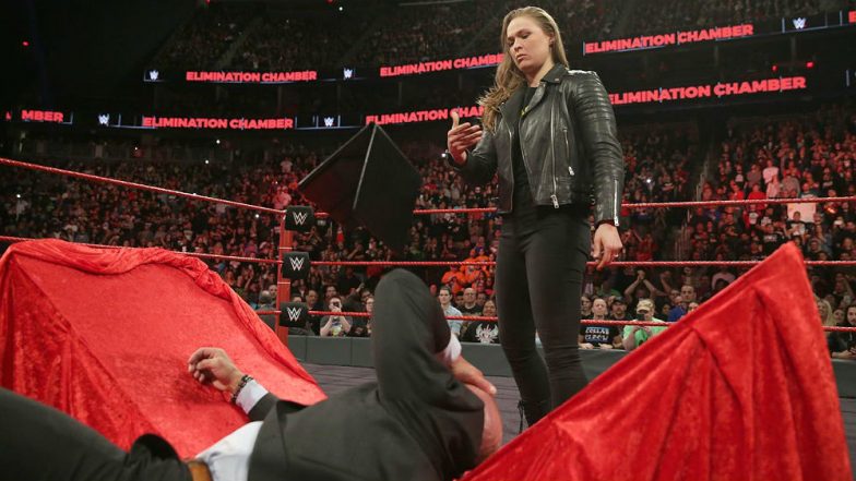Ronda Rousey Slams Triple H Through the Table Video: Former UFC Superstar Signs WWE Raw Contract at Elimination Chamber 2018