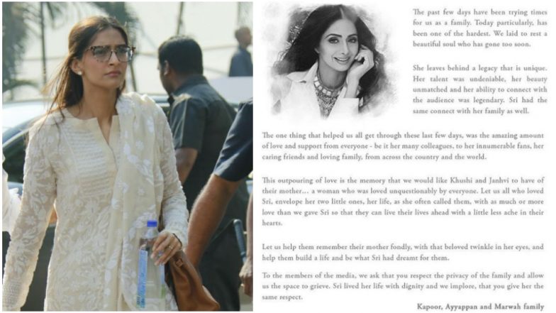 Sonam Kapoor Shares Official Family Note on Sridevi's Demise: Seeks Love and Support for Jhanvi and Khushi, Urges Media to Respect Privacy!