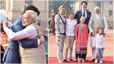Narendra Modi Greets Justin Trudeau With His Signature Bear-Hug, Strikes Pose With Wife & Cute Kids of the Canadian PM