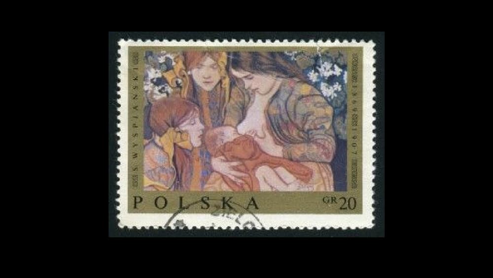 This Polish stamp features a woman breast feeding a baby while two girls look on. This Polish stamp features a woman breast feeding a baby while two girls look on.