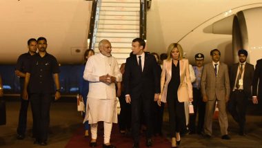 French President Emmanuel Macron Arrives in India For Four-day Visit; PM Narendra Modi Receives Him at Airport