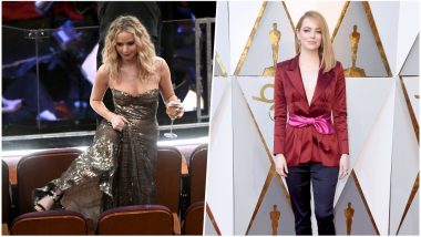 Oscars 2018: Jennifer Lawrence Climbing Over Chairs to Sit Next to Emma Stone Gives Major BFF Goals