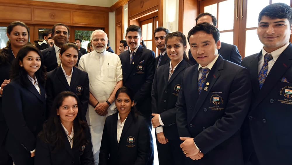 Prime Minister Narendra Modi Met Members of Winning Indian Shooting Team. Also in the picture are Jitu Rai, Anish Bhanwala, Sanjeev Rajput, Manu Bhaker, Shreyasi Singh, and Tejaswini Sawant Prime Minister Narendra Modi Met Members of Winning Indian Shooting Team. Also in the picture are Jitu Rai, Anish Bhanwala, Sanjeev Rajput, Manu Bhaker, Shreyasi Singh, and Tejaswini Sawant