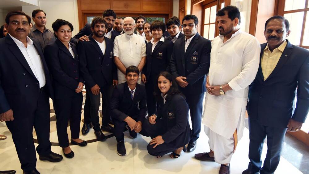 Prime Minister Narendra Modi Met Members of Winning Indian Wrestling Team. Also in the picture are Sushil Kumar, Vinesh Phogat, Rahul Aware, Bajrang Punia, and Sumit Malik Prime Minister Narendra Modi Met Members of Winning Indian Wrestling Team. Also in the picture are Sushil Kumar, Vinesh Phogat, Rahul Aware, Bajrang Punia, and Sumit Malik
