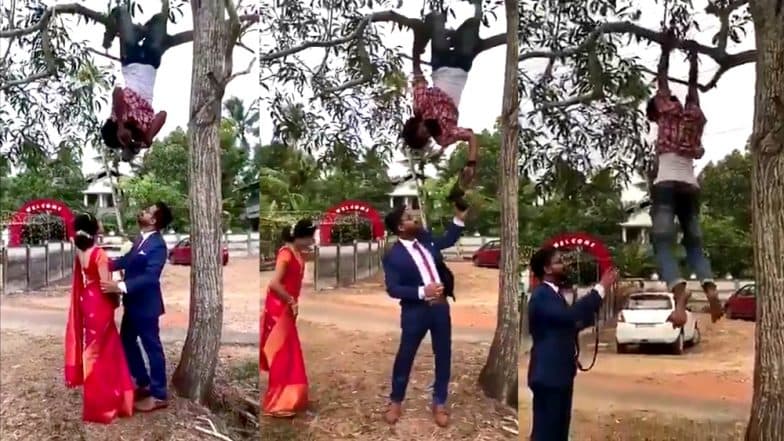 Wedding Photographer Climbs on Tree, Hangs Upside-down to Get The Right Shot of Newly Married (Watch Video) Wedding Photographer Climbs on Tree, Hangs Upside-down to Get The Right Shot of Newly Married (Watch Video)