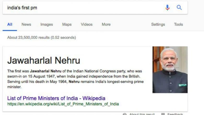 Jawahar Lal Nehru Becomes 'India's First PM' Again! Google Fixes Glitch Showing Narendra Modi's Pic in Search Results Jawahar Lal Nehru Becomes 'India's First PM' Again! Google Fixes Glitch Showing Narendra Modi's Pic in Search Results