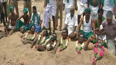 Farmers in Trichy Protest by Partially Burying Themselves in Sand Demanding Cauvery Management Board And Banning IPL