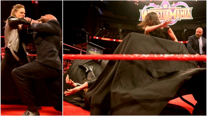Stephanie McMahon Slams Ronda Rousey Through The Table on Monday Night RAW, Before WWE Wrestlemania 34! (Watch Video)