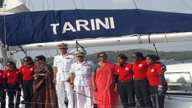 INSV Tarini Returns Home After Circumnavigating the Globe; Defence Minister Nirmala Sitharaman and Admiral Sunil Lanba Welcome Crew Members