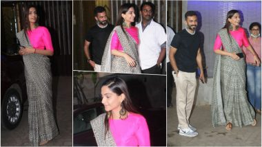 Sonam Kapoor Wows in Printed Saree With Husband-to-Be Anand Ahuja in First Appearance Since Wedding Date Announcement! See Pictures