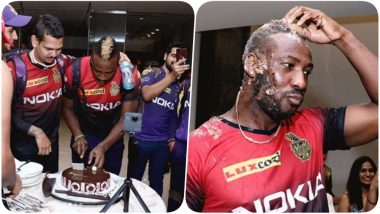 IPL 2018 Diaries Video: Team Kolkata Knight Riders Smack Cake on Andre Russell’s Face After Winning Against Rajasthan Royals