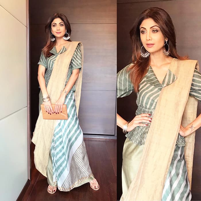 Shilpa shetty wore unique stripped saree for an event Shilpa shetty wore unique stripped saree for an event