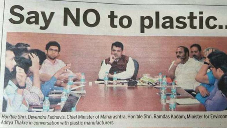 Maharashtra CM Devendra Fadnavis Sitting for a ‘No Plastic’ Conference With Plastic Water Bottles Trolled Online, View Pic!