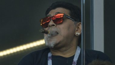 Diego Maradona Smokes Cigar Watching Argentina vs Iceland, 2018 FIFA World Cup Match From 'Smoke-Free' Stands (Watch Video)
