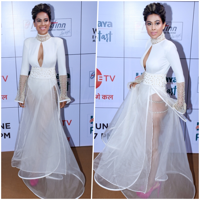 Nia Sharma Bold White Cleavage-Revealing Naked Dress at Zee Gold Awards