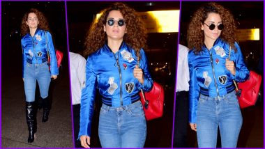 Kangana Ranaut Wears a Chic Blue Bomber Jacket and Knee-High Boots for an Uber-Stylish Airport Look (See Pictures)