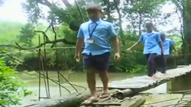 Karnataka Rains: Students Use Old Log Bridges to Cross Streams in Chikmagalur to Reach School; Watch Video