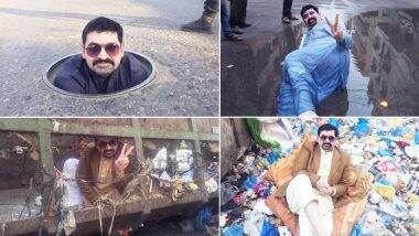 Viral Photos & Videos: Pakistan Politician Ayaz Memon Motiwala Sits on Garbage, Poses in Gutter For Seeking Votes