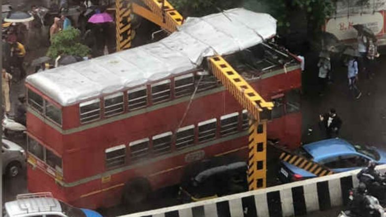 BEST Double-Decker Bus Crashes Into Overhead Railing Near Kalina University Amid Heavy Rains in Mumbai; Watch Video