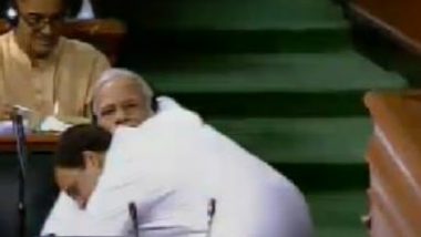 Rahul Gandhi Hugs Narendra Modi After Finishing His Speech on No Confidence Motion in Lok Sabha & then Winks: View Video & Pics