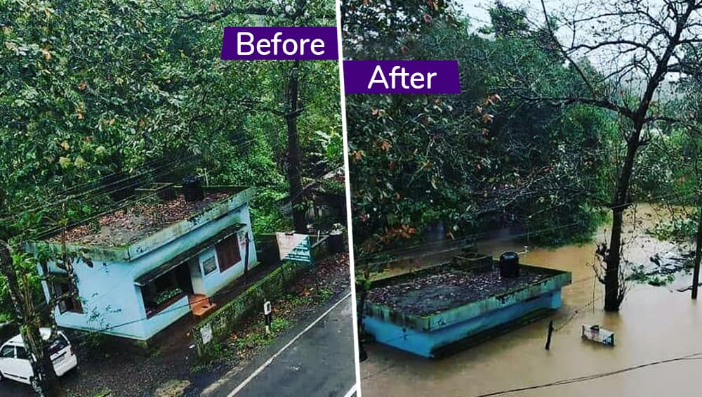 A before and after image of a flooded house in Kerala A before and after image of a flooded house in Kerala