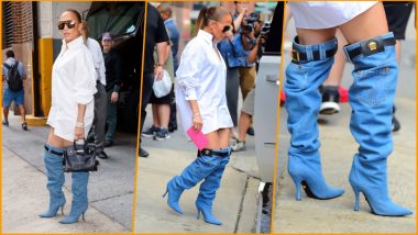 Jennifer Lopez Goes Pantless! Steps Out in Nothing but a Crisp White Shirt and Thigh-High Versace Denim Boots (See Pics)