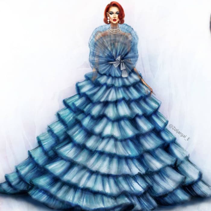 Everything about this illustration from colour to layered ruffle design is alluring. Everything about this illustration from colour to layered ruffle design is alluring.