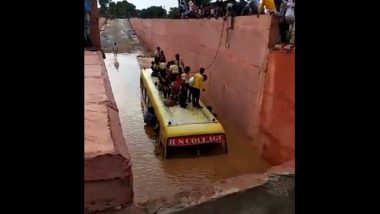 Rajasthan Rains: School Bus Stuck on Flooded Underpass in Dausa, Students Climb Roof To Save Lives; Watch Video