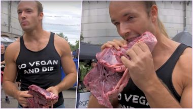 YouTuber Eats Raw Meat Sighting Protest at a Vegan Food Festival at Amsterdam! Watch Viral Video