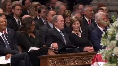 Laura Bush Gives Candy to Michelle Obama Via George W Bush at Memorial Ceremony For John McCain, Watch Video