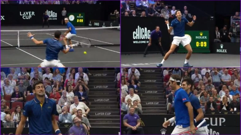Roger Federer Accidentally Hit by Partner Novak Djokovic During Laver Cup 2018 Doubles Match! Watch Funny Video