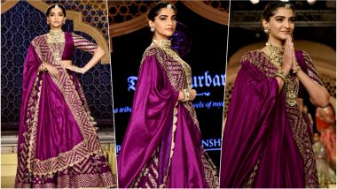 Sonam Kapoor Looks Like a 'Maharani' in Eggplant Purple Lehenga As She Walks the Ramp for a Jewellery Event in Delhi (See Pics)