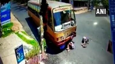 Madurai: Three Men on Motorcycle Cycle Hit by Speeding Bus, Miraculously Survive; Watch Video