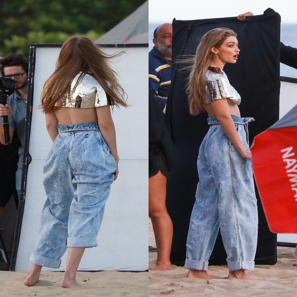 Gigi Hadid flashes underboob in metallic crop top for beach photoshoot in  Brazil