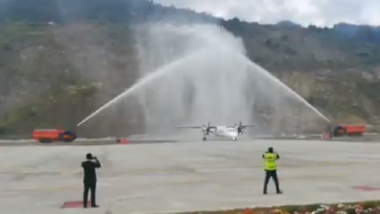 Pakyong Airport in Sikkim Welcomes First Commercial Flight Under UDAN Scheme With Water Cannon Salute; Watch Video