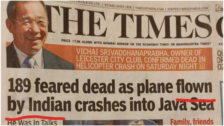 TOI Headline on Indian Pilot Flying Lion Air Plane That Crashed in Indonesia Angers Readers, Newspaper Faces Flak on Social Media TOI Headline on Indian Pilot Flying Lion Air Plane That Crashed in Indonesia Angers Readers, Newspaper Faces Flak on Social Media