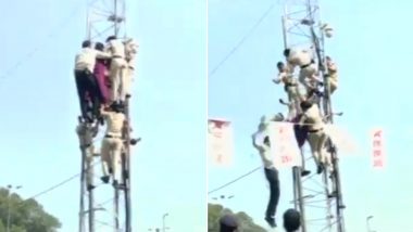 ASHA Worker Falls Off Tower During Protest For Minimum Pay Hike in Bhopal, Watch Video
