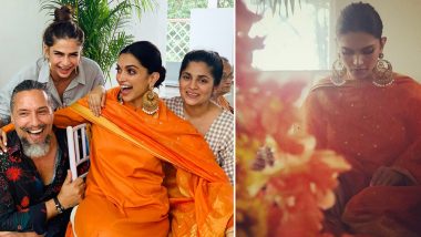Deepika Padukone Looks Radiant in Her Bright Orange Suit by Sabyasachi Mukherjee for a Pre-Wedding Puja at Her Residence