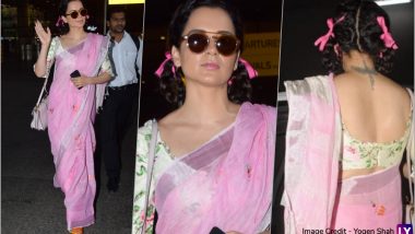 Kangana Ranaut’s Latest Airport Look in Saree and Pigtail Braids Will Transport You Back in Time (See Pics)