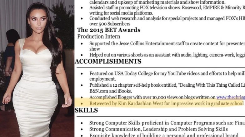 Update your CVs! Kim Kardashian’s Retweets Added by a Student to ‘Accomplishments’ on His Resume, Lands Three Jobs in One Week