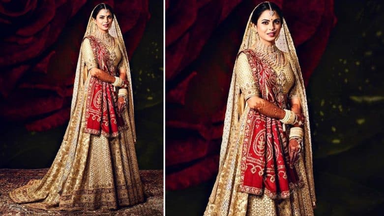isha ambani golden lehenga