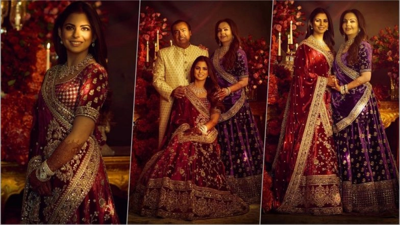 Isha Ambani With Parents Mukesh and Nita in Sabyasachi Outfits for the Reliance Family Reception in Mumbai! See Pics