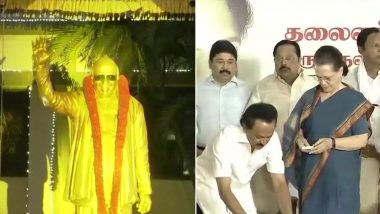 DMK Patriarch M Karunanidhi Statue Unveiled by Sonia Gandhi in Chennai, Opposition Leaders Unite For Show of Strength