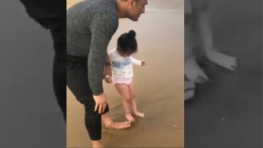 MS Dhoni and Daughter Ziva Hit the Beach; Wife Sakshi Captures the Adorable Moment, Watch Video