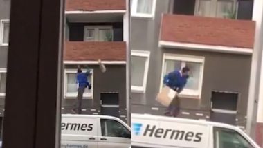 Hermes Delivery Boy Throws Package Into Balcony Standing on Top of Van, Video Goes Viral