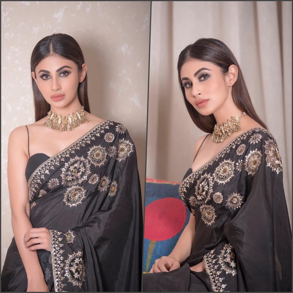 Mouni Roy Looks Stunning in Black Saree and Noodle Strap Blouse at Lion