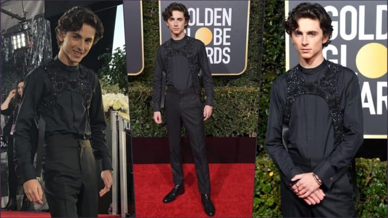 Timothée Chalamet Wears Louis Vuitton ‘Embroidered Bib’ and Not a Harness at Golden Globes 2019 ...